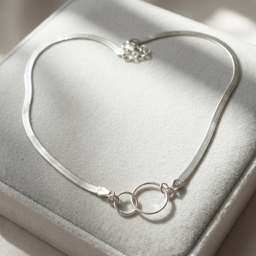 Sterling Silver Eternity Rings Day Collar Choker Necklace on 3mm Herringbone Chain - Committment Jewelry