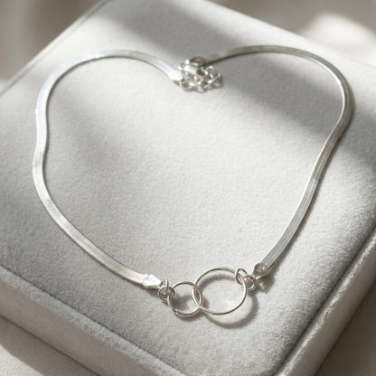 Sterling Silver Eternity Rings Day Collar Choker Necklace on 3mm Herringbone Chain - Committment Jewelry