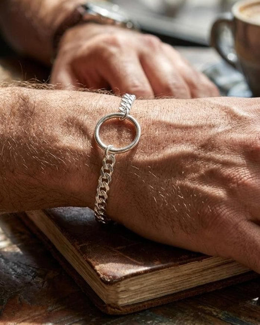 Sterling Silver Masc Style Day Collar O Ring Bracelet with Lock & Key Clasp - Partner Commitment Jewelry