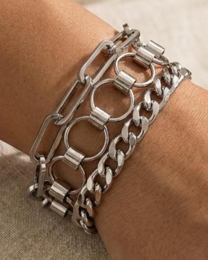 Layered Steel Multi-Strand Chunky Edgy Statement Wrap Bracelet - Adjustable 6 to 9 inches
