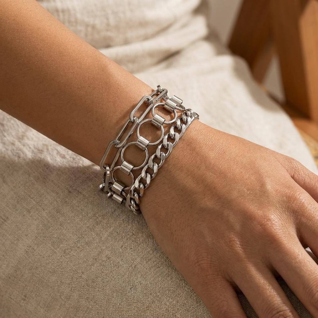 Layered Steel Multi-Strand Chunky Edgy Statement Wrap Bracelet - Adjustable 6 to 9 inches