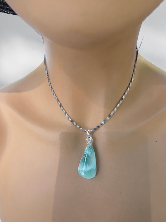 Sterling Silver Hemimorphite Caribbean Turquoise Pendant Necklace - Beautiful, Elegant Beach Jewelry