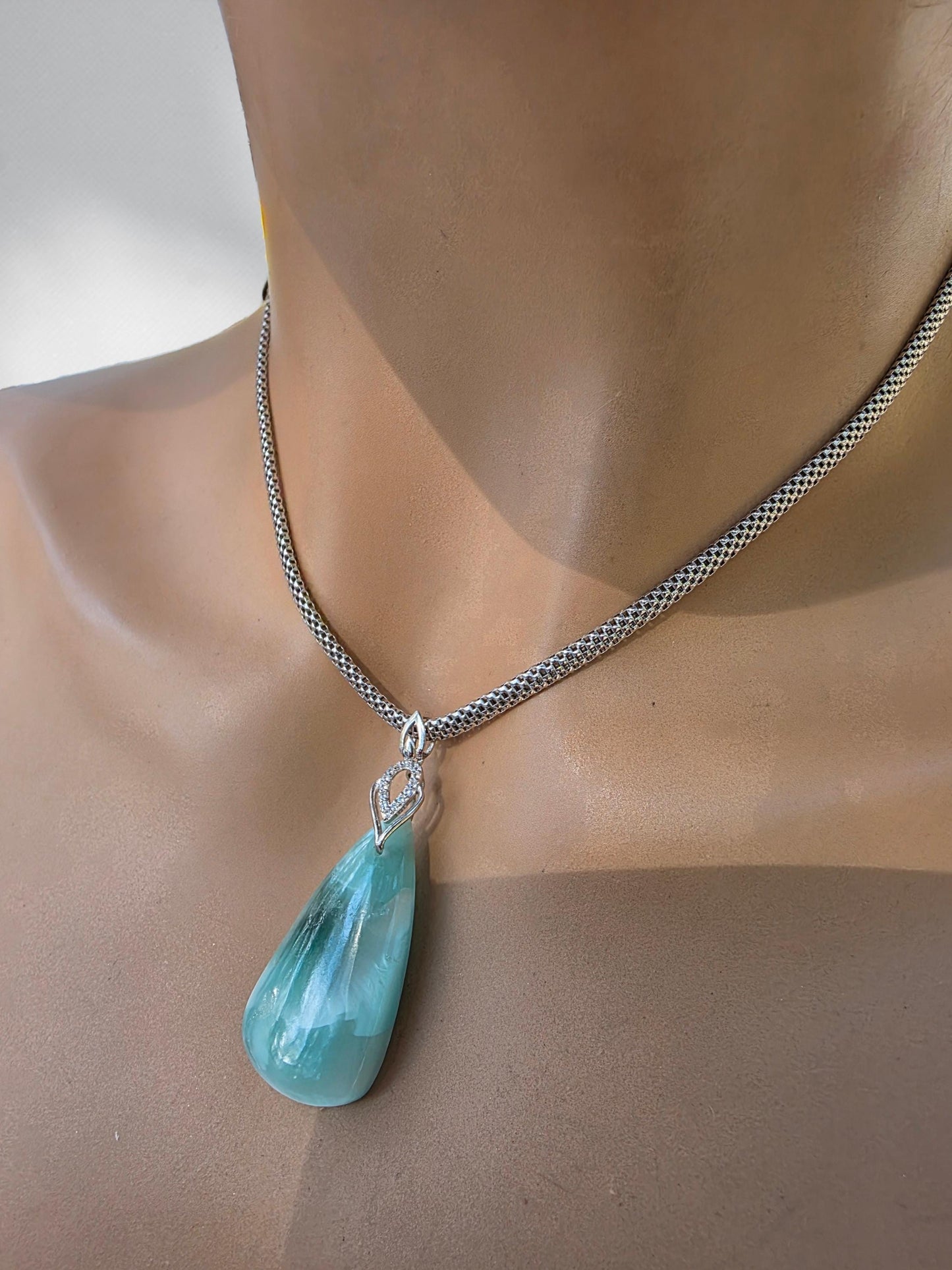 Sterling Silver Hemimorphite Caribbean Turquoise Pendant Necklace - Beautiful, Elegant Beach Jewelry
