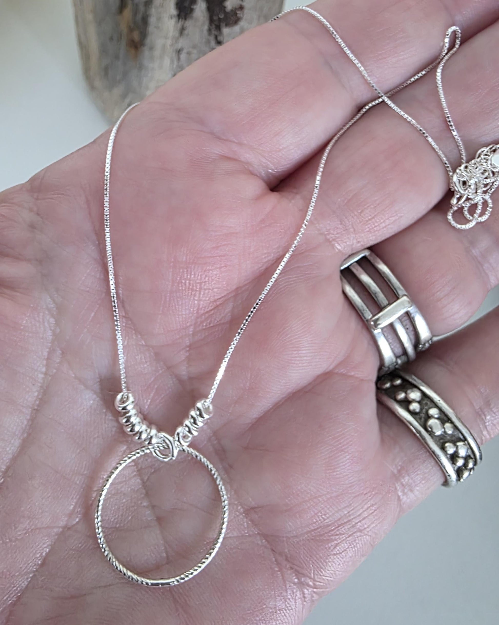 Sterling Silver Beaded Snake Chain Wabi-Sabi Eternity O Ring Day Collar Style Necklace - Luxury Commitment Jewelry