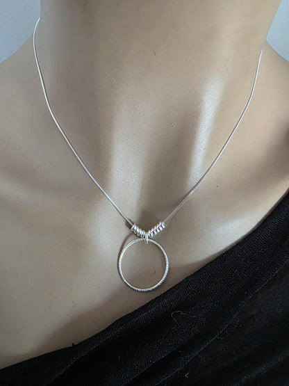 Sterling Silver Beaded Snake Chain Wabi-Sabi Eternity O Ring Day Collar Style Necklace - Luxury Commitment Jewelry