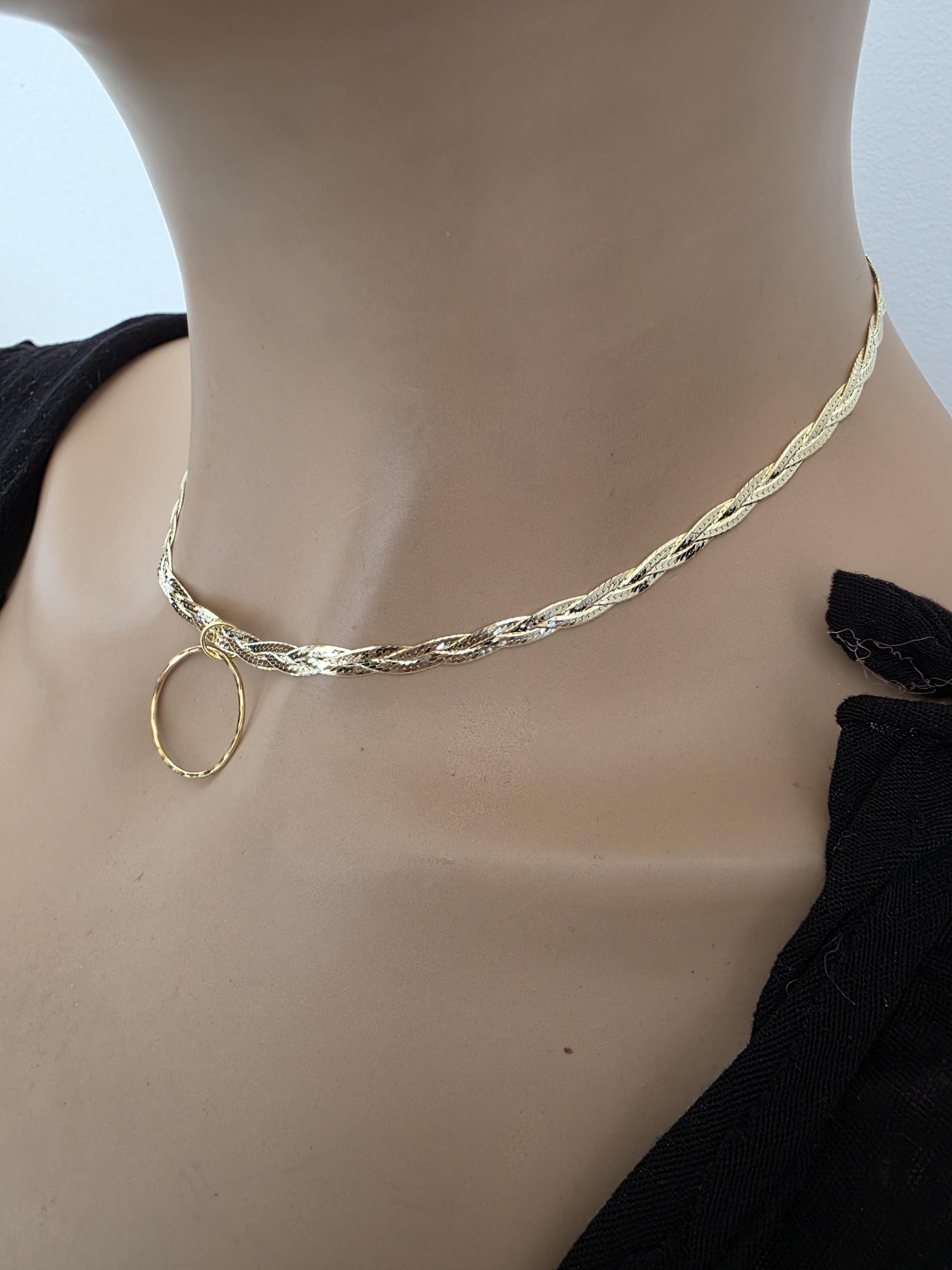 18k Gold Vermeil Over Sterling Silver Elegant Braided Herringbone Day Collar Necklace, Romantic Luxury Fine Jewelry