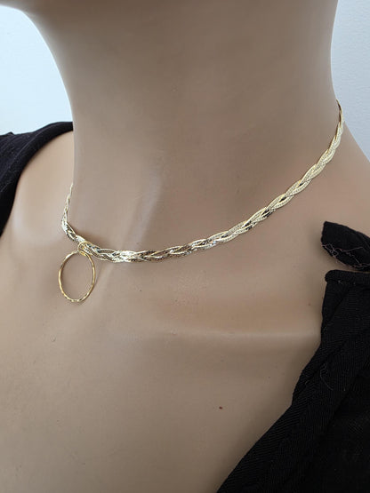 18k Gold Vermeil Over Sterling Silver Elegant Braided Herringbone Day Collar Necklace, Romantic Luxury Fine Jewelry