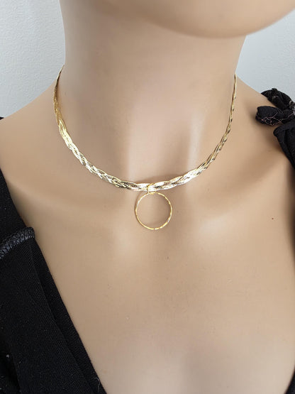 18k Gold Vermeil Over Sterling Silver Elegant Braided Herringbone Day Collar Necklace, Romantic Luxury Fine Jewelry