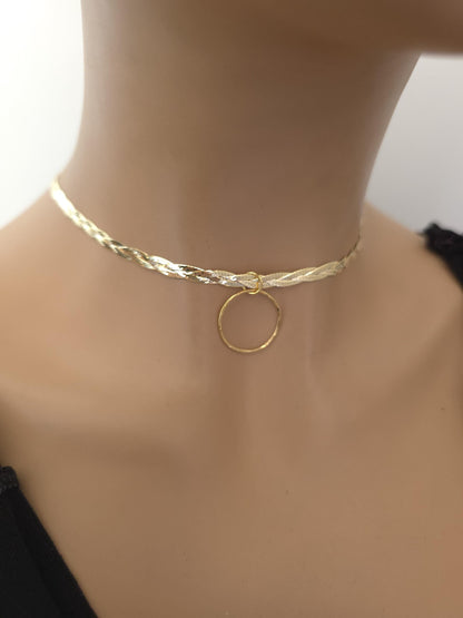 18k Gold Vermeil Over Sterling Silver Elegant Braided Herringbone Day Collar Necklace, Romantic Luxury Fine Jewelry
