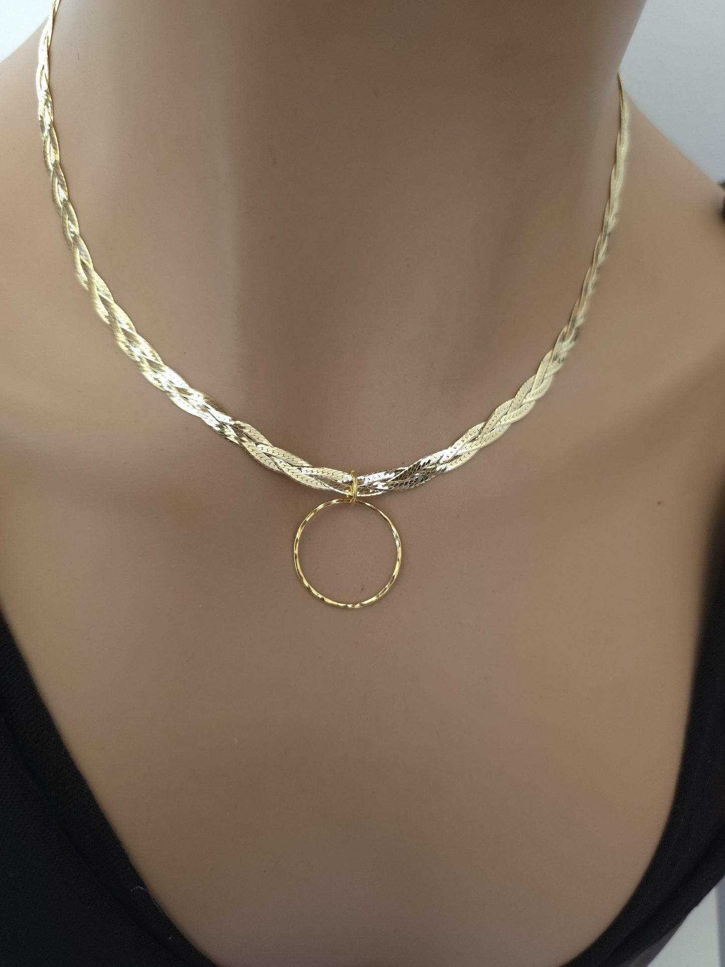 18k Gold Vermeil Over Sterling Silver Elegant Braided Herringbone Day Collar Necklace, Romantic Luxury Fine Jewelry