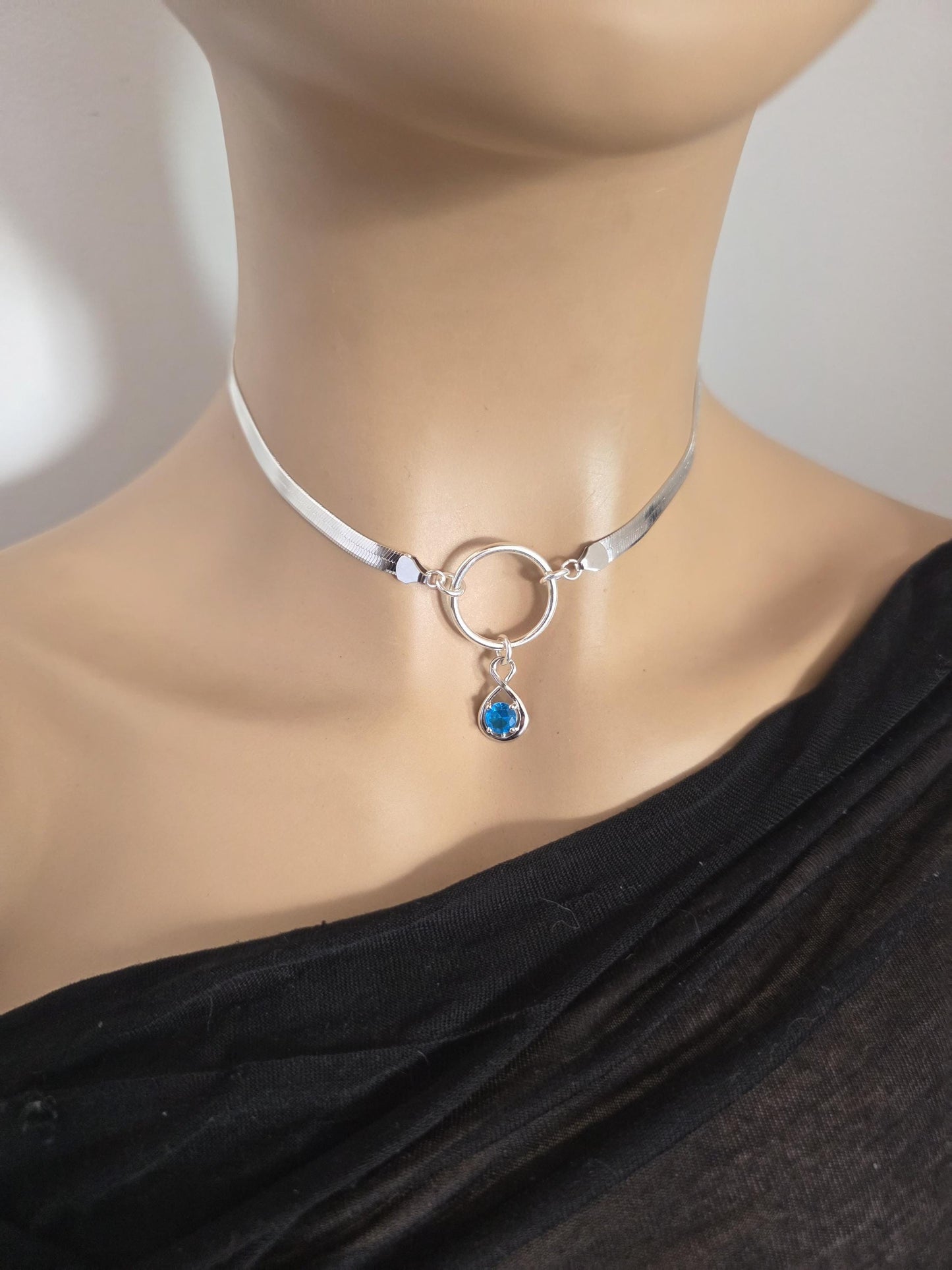 Sterling Silver Day Collar Necklace on 5mm Herringbone Chain with Crystal Pendant - Locking Option - Partner Jewelry