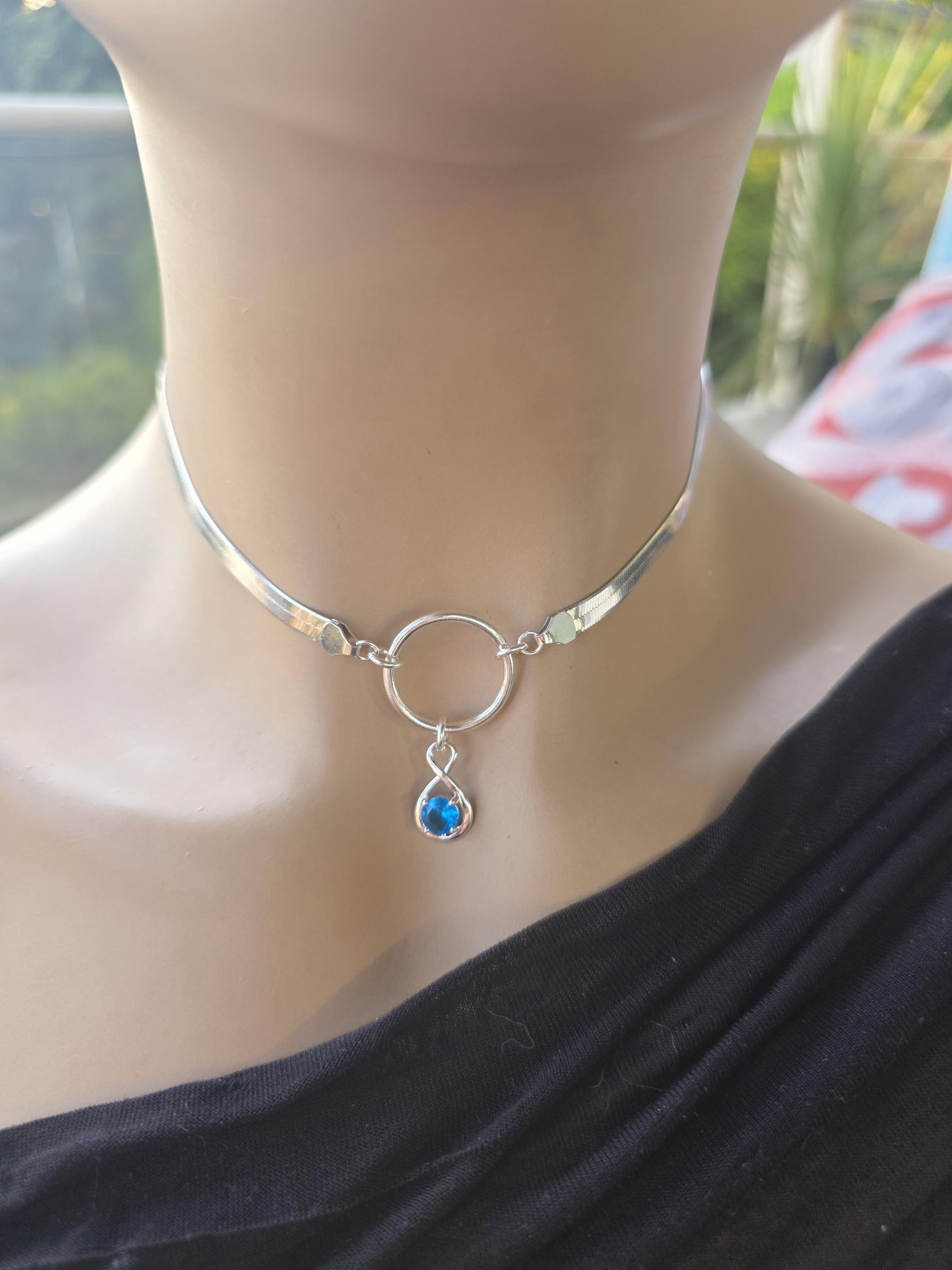 Sterling Silver Day Collar Necklace on 5mm Herringbone Chain with Crystal Pendant - Locking Option - Partner Jewelry