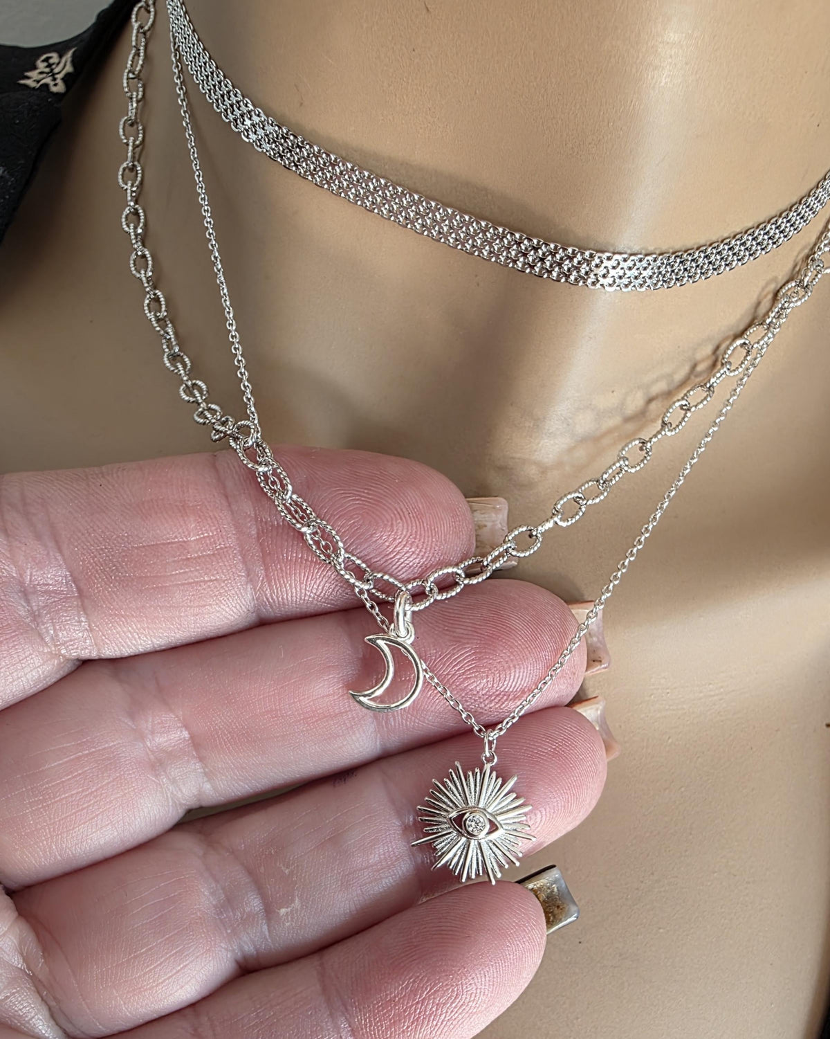 Sterling Silver Layered Witchy Celestial Necklace Set - Evil Eye and Moon Jewelry