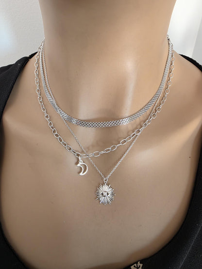 Sterling Silver Layered Witchy Celestial Necklace Set - Evil Eye and Moon Jewelry