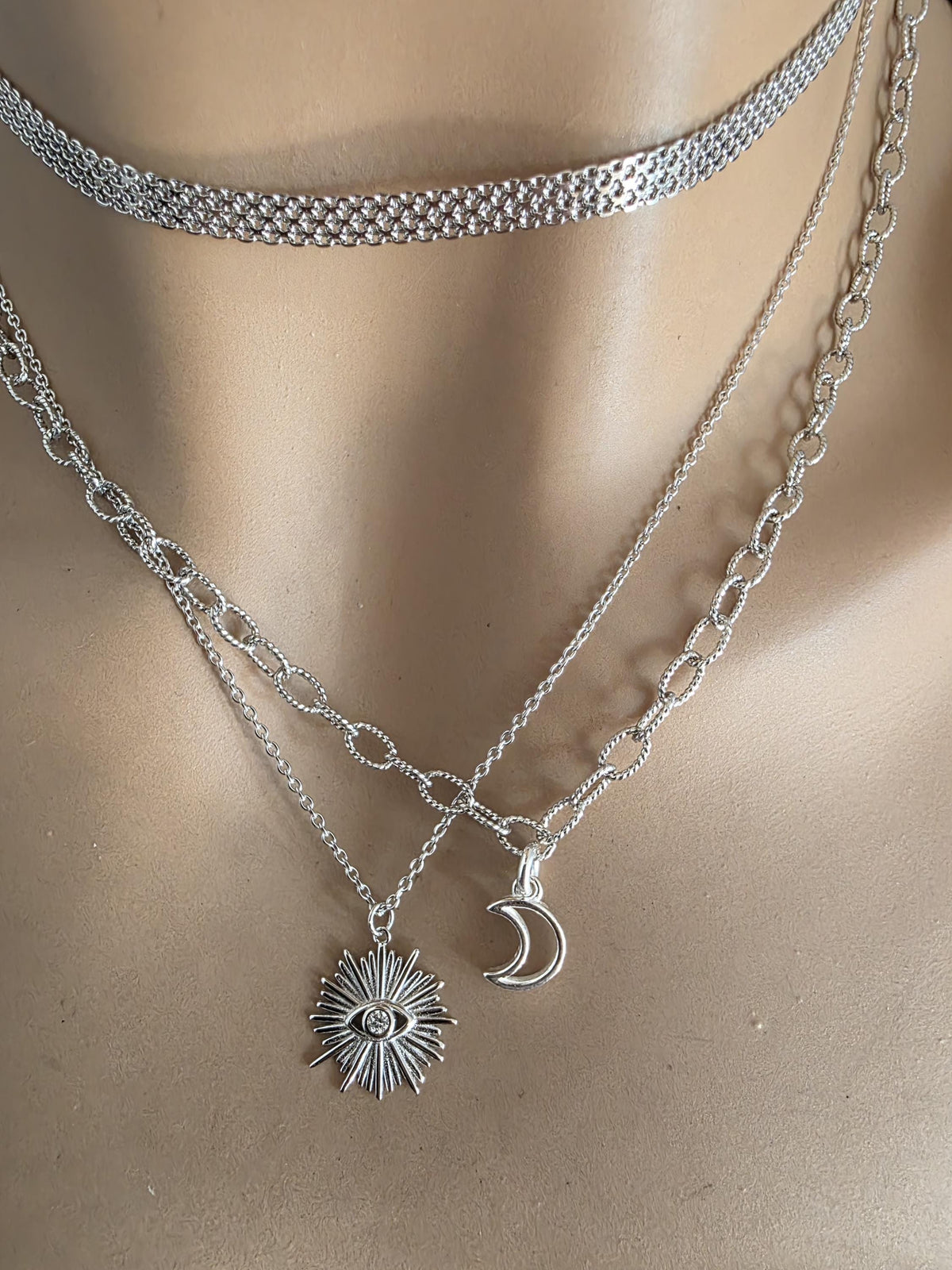 Sterling Silver Layered Witchy Celestial Necklace Set - Evil Eye and Moon Jewelry