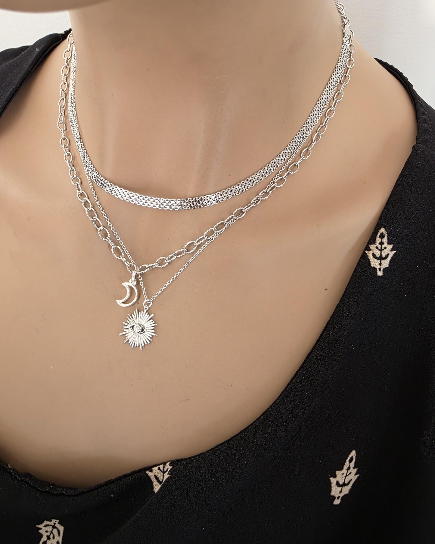 Sterling Silver Layered Witchy Celestial Necklace Set - Evil Eye and Moon Jewelry
