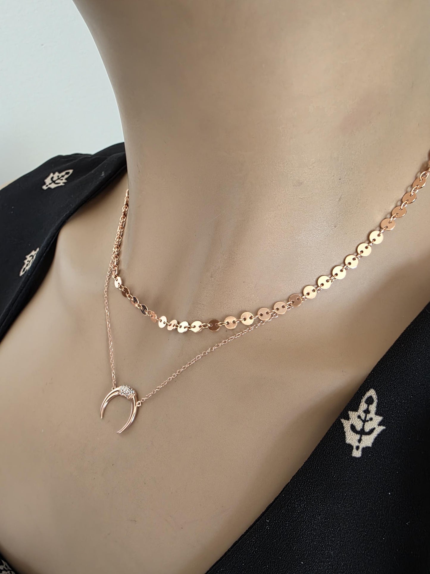 Rose Gold Vermeil Sterling Silver Crescent Horn Moon Layered Choker Necklace - Celestial Fine Jewelry