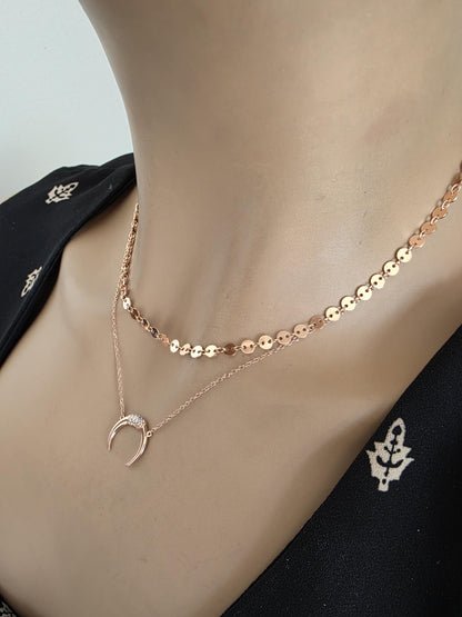Rose Gold Vermeil Sterling Silver Crescent Horn Moon Layered Choker Necklace - Celestial Fine Jewelry