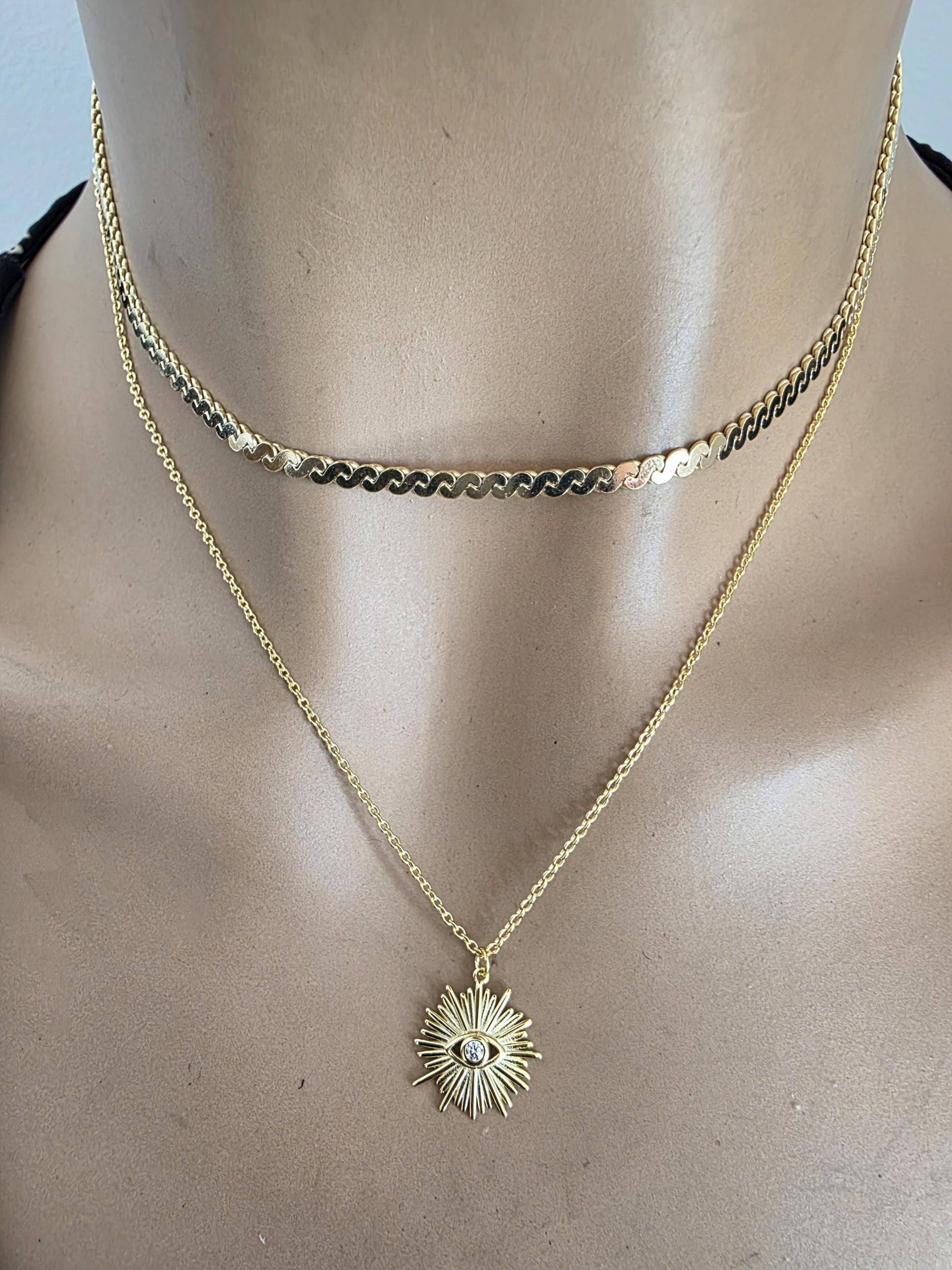 Gold Vermeil on Sterling Silver Evil Eye Layered Necklace Set | Serpentine Chain & Protective Talisman Pendant