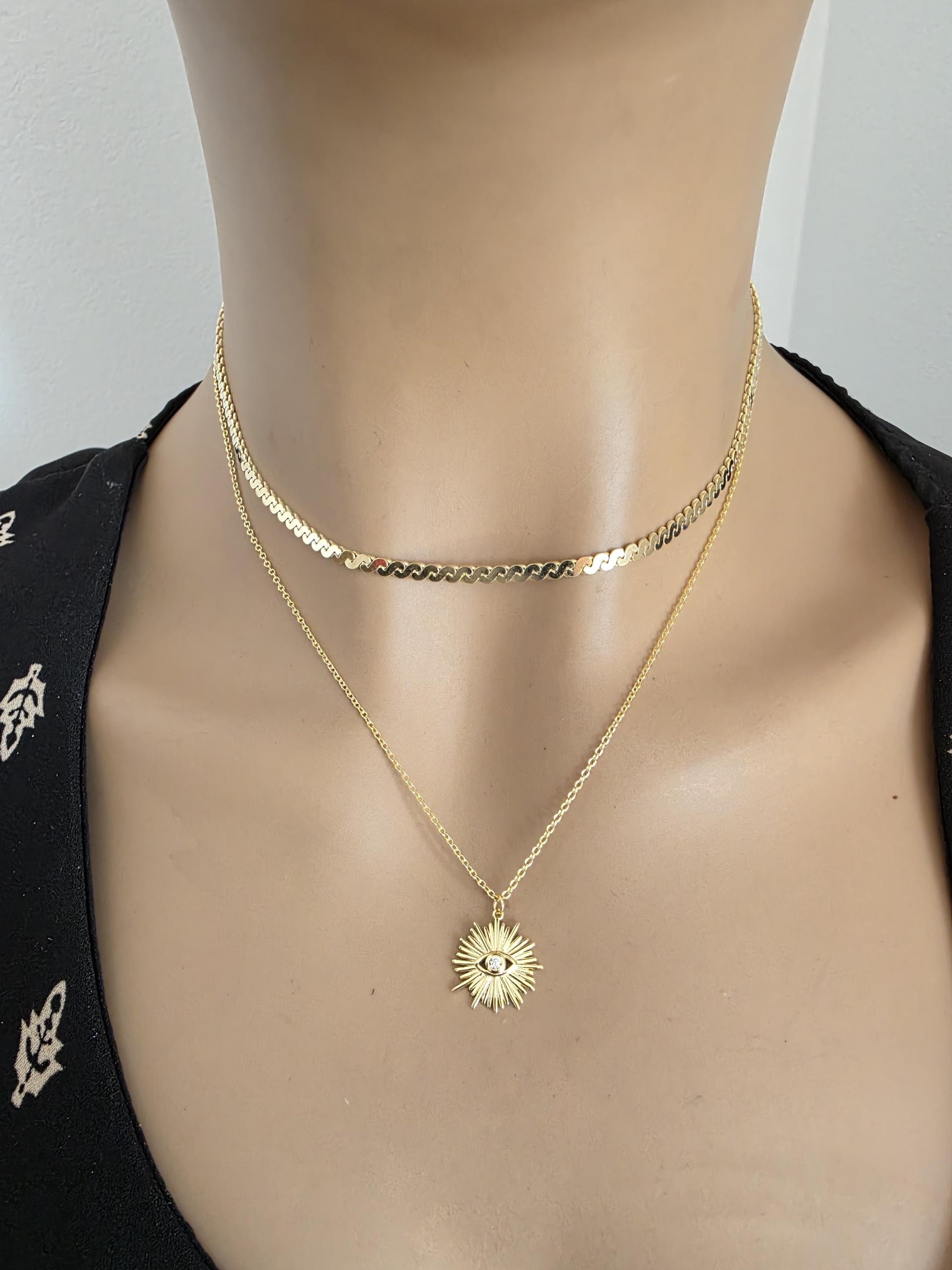 Gold Vermeil on Sterling Silver Evil Eye Layered Necklace Set | Serpentine Chain & Protective Talisman Pendant