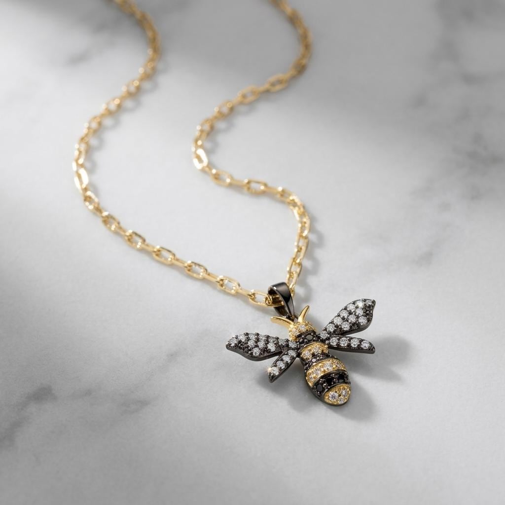 Gold Vermeil over Sterling Silver Layered Necklace Set with Bumble Bee - Cute Summer Garden Jewelry