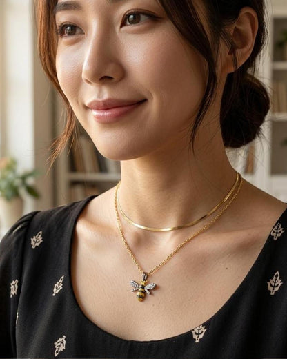 Gold Vermeil over Sterling Silver Layered Necklace Set with Bumble Bee - Cute Summer Garden Jewelry