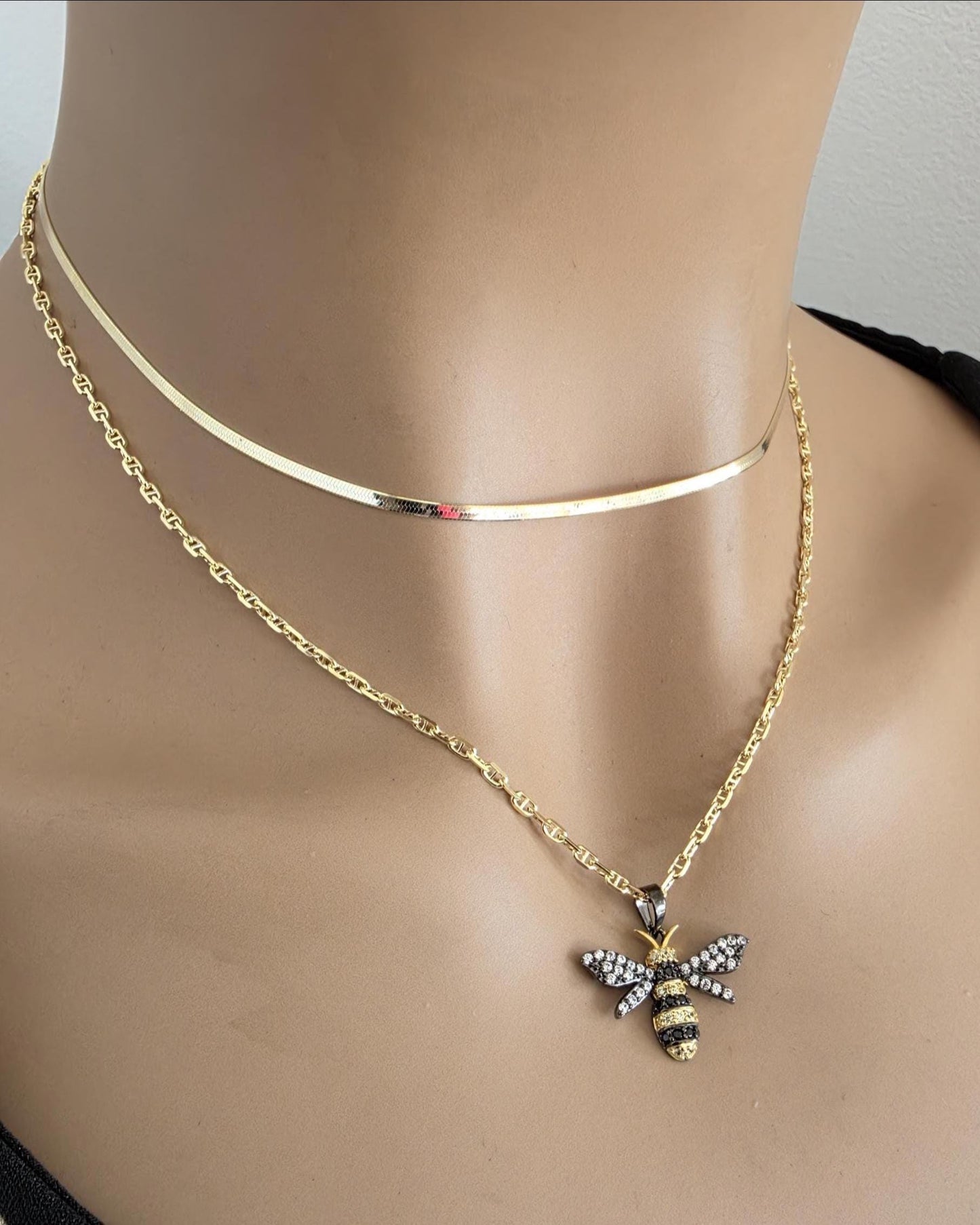 Gold Vermeil over Sterling Silver Layered Necklace Set with Bumble Bee - Cute Summer Garden Jewelry