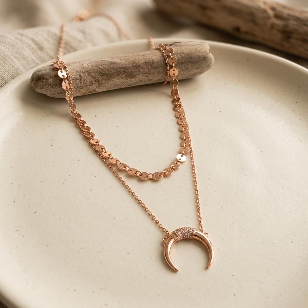 Rose Gold Vermeil Sterling Silver Crescent Horn Moon Layered Choker Necklace - Celestial Fine Jewelry