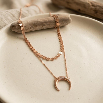 Rose Gold Vermeil Sterling Silver Crescent Horn Moon Layered Choker Necklace - Celestial Fine Jewelry