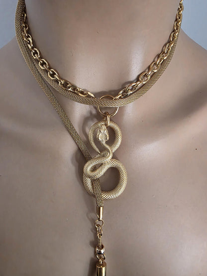 Gold Plated Steel Snake Chain Ouroboros Medusa Wrap Layered Necklace - Unique jewelry handmade in Canada