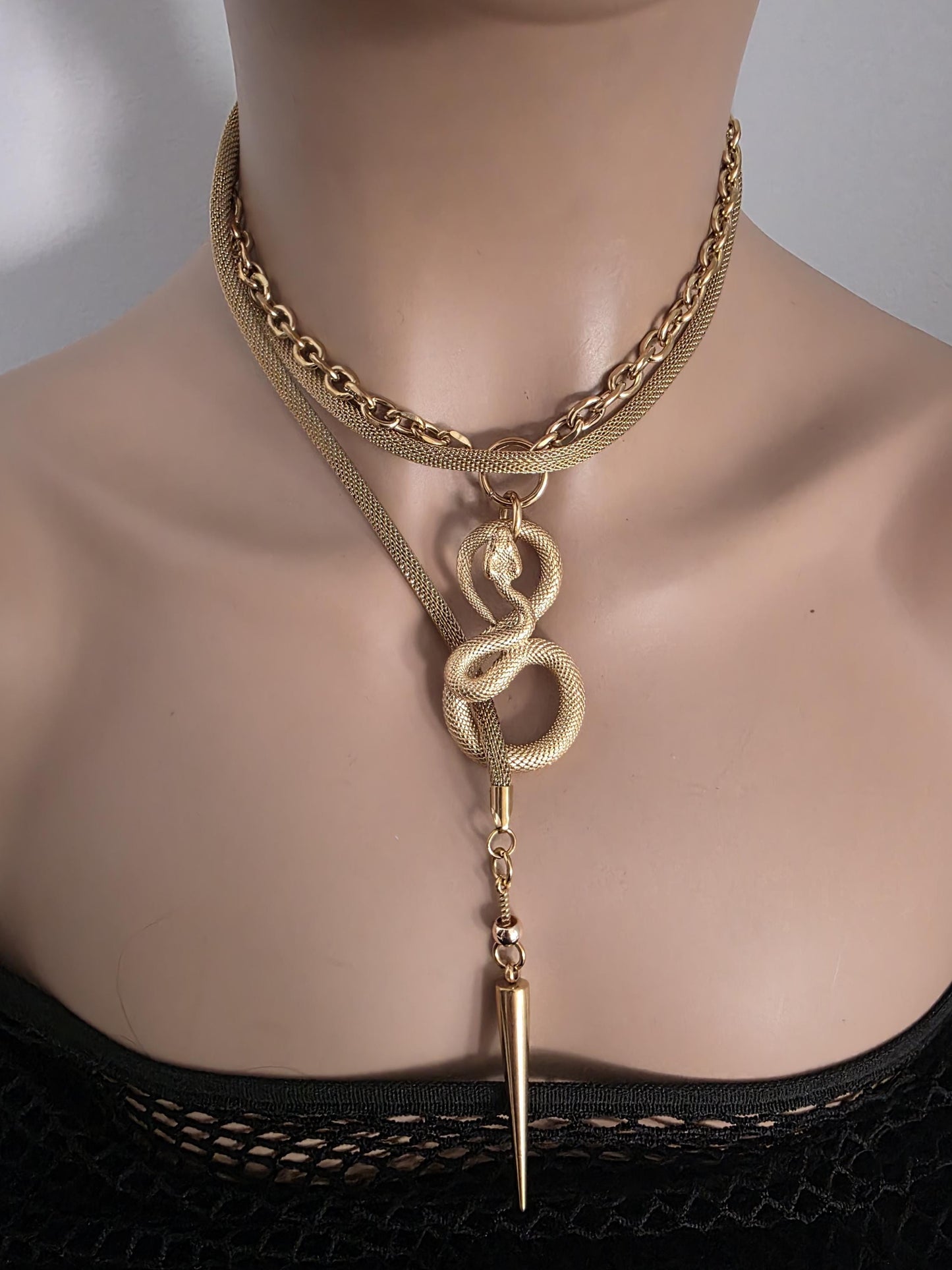 Gold Plated Steel Snake Chain Ouroboros Medusa Wrap Layered Necklace - Unique jewelry handmade in Canada