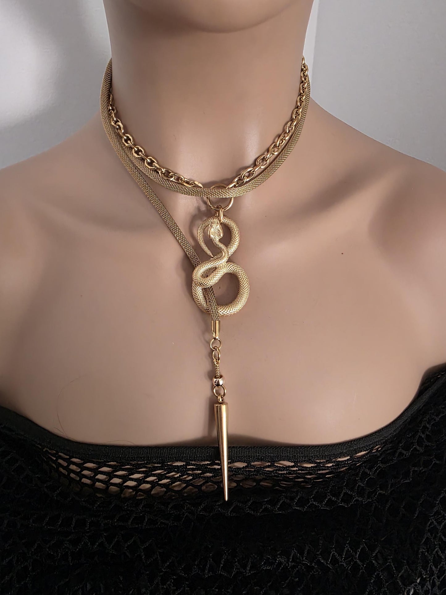 Gold Plated Steel Snake Chain Ouroboros Medusa Wrap Layered Necklace - Unique jewelry handmade in Canada