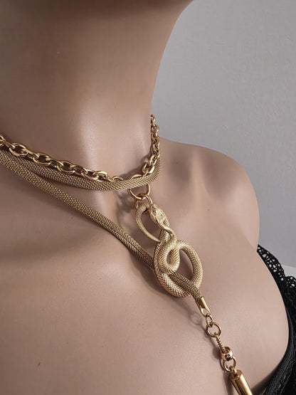 Gold Plated Steel Snake Chain Ouroboros Medusa Wrap Layered Necklace - Unique jewelry handmade in Canada