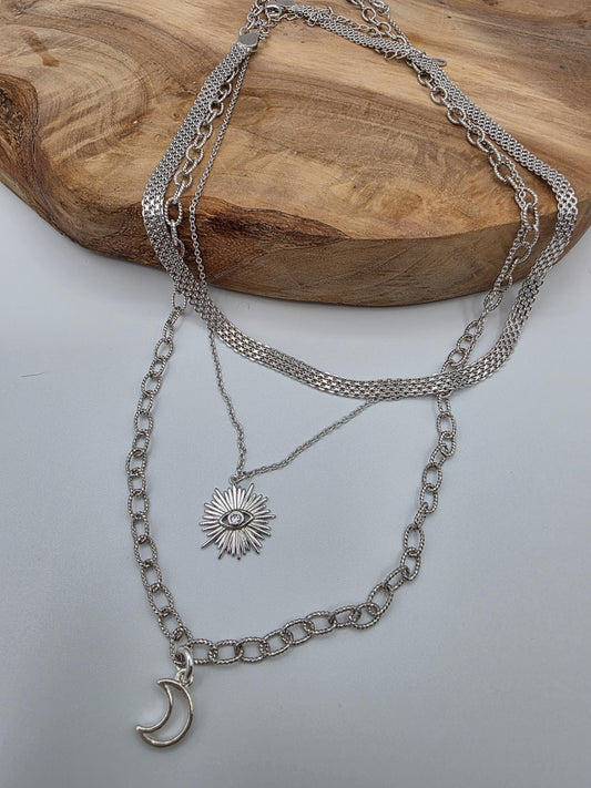 Sterling Silver Layered Witchy Celestial Necklace Set - Evil Eye and Moon Jewelry