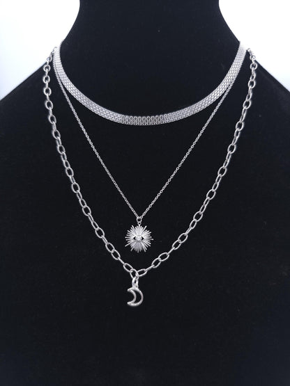 Sterling Silver Layered Witchy Celestial Necklace Set - Evil Eye and Moon Jewelry