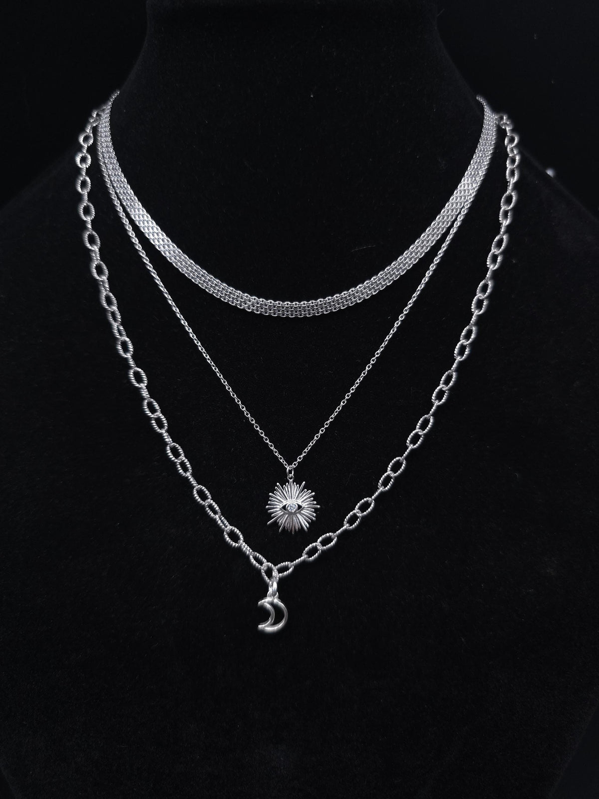 Sterling Silver Layered Witchy Celestial Necklace Set - Evil Eye and Moon Jewelry