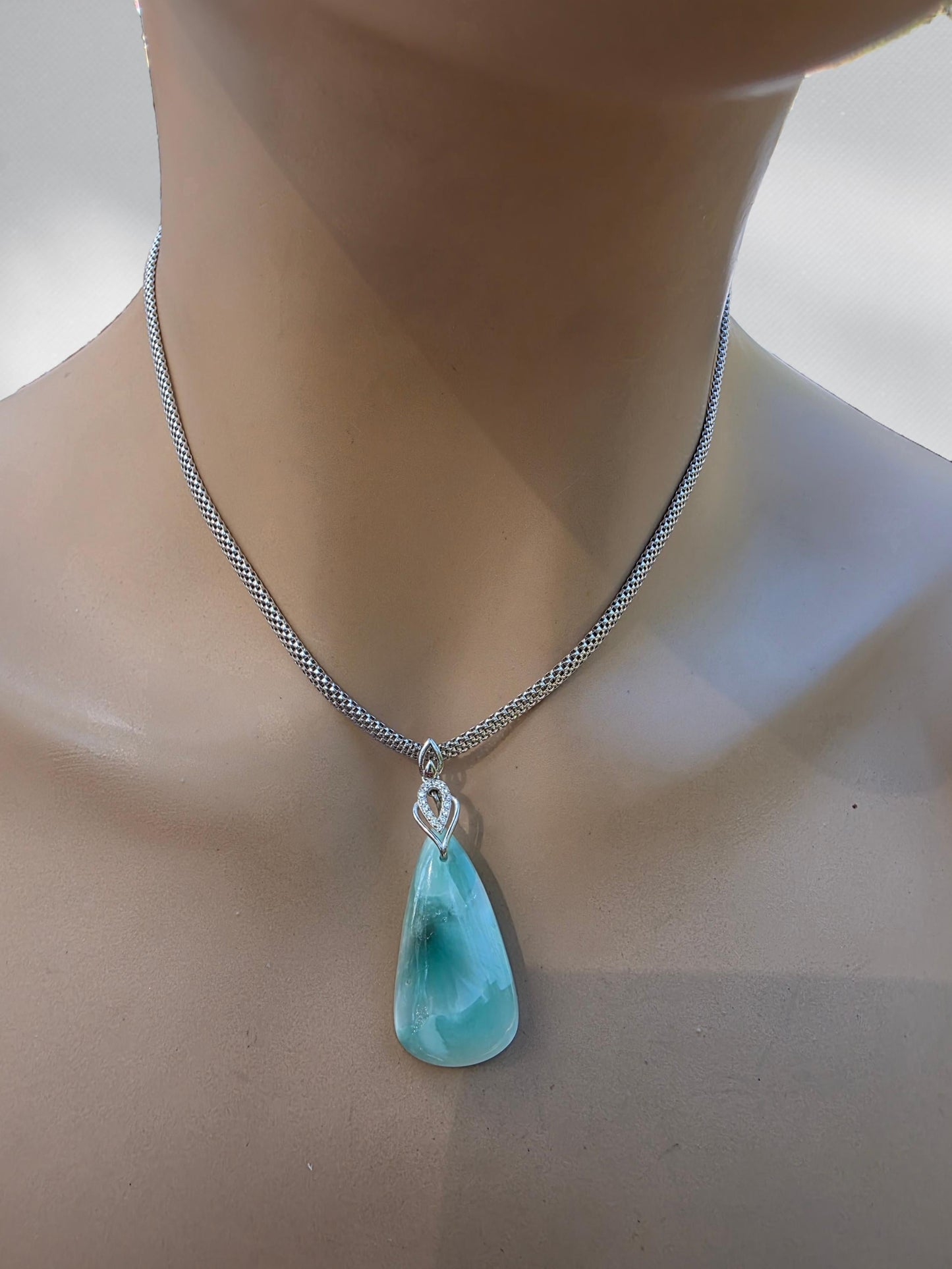 Sterling Silver Hemimorphite Caribbean Turquoise Pendant Necklace - Beautiful, Elegant Beach Jewelry