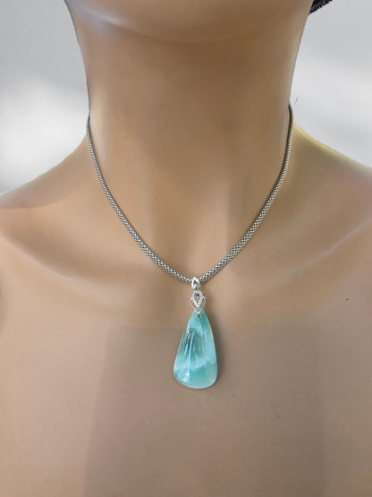Sterling Silver Hemimorphite Caribbean Turquoise Pendant Necklace - Beautiful, Elegant Beach Jewelry
