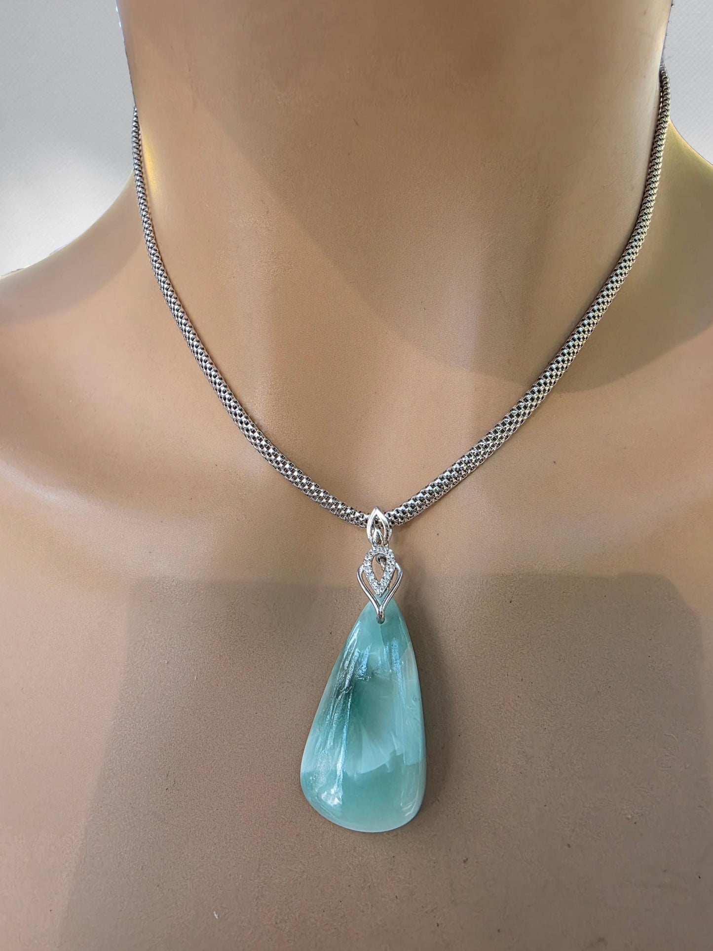 Sterling Silver Hemimorphite Caribbean Turquoise Pendant Necklace - Beautiful, Elegant Beach Jewelry