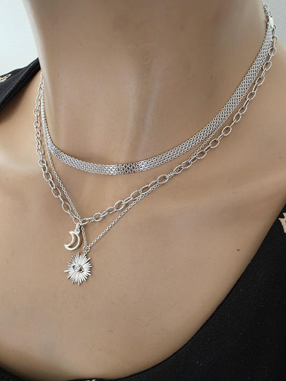 Sterling Silver Layered Witchy Celestial Necklace Set - Evil Eye and Moon Jewelry