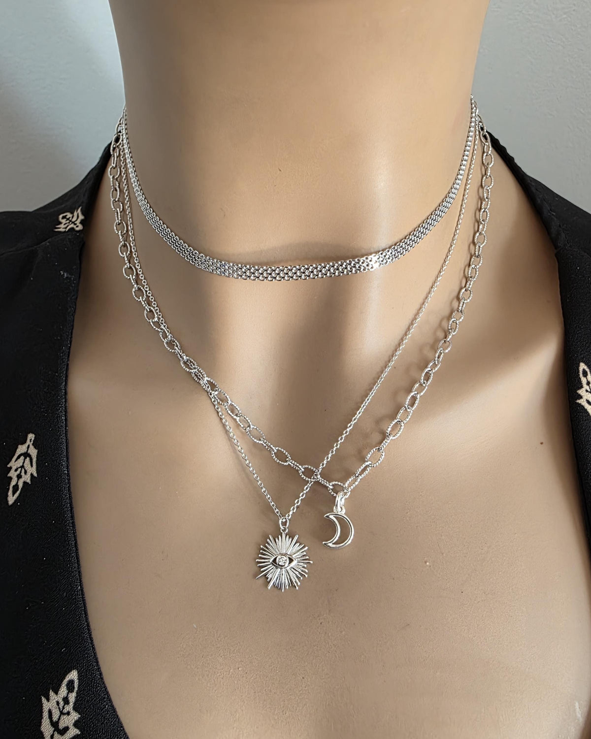 Sterling Silver Layered Witchy Celestial Necklace Set - Evil Eye and Moon Jewelry
