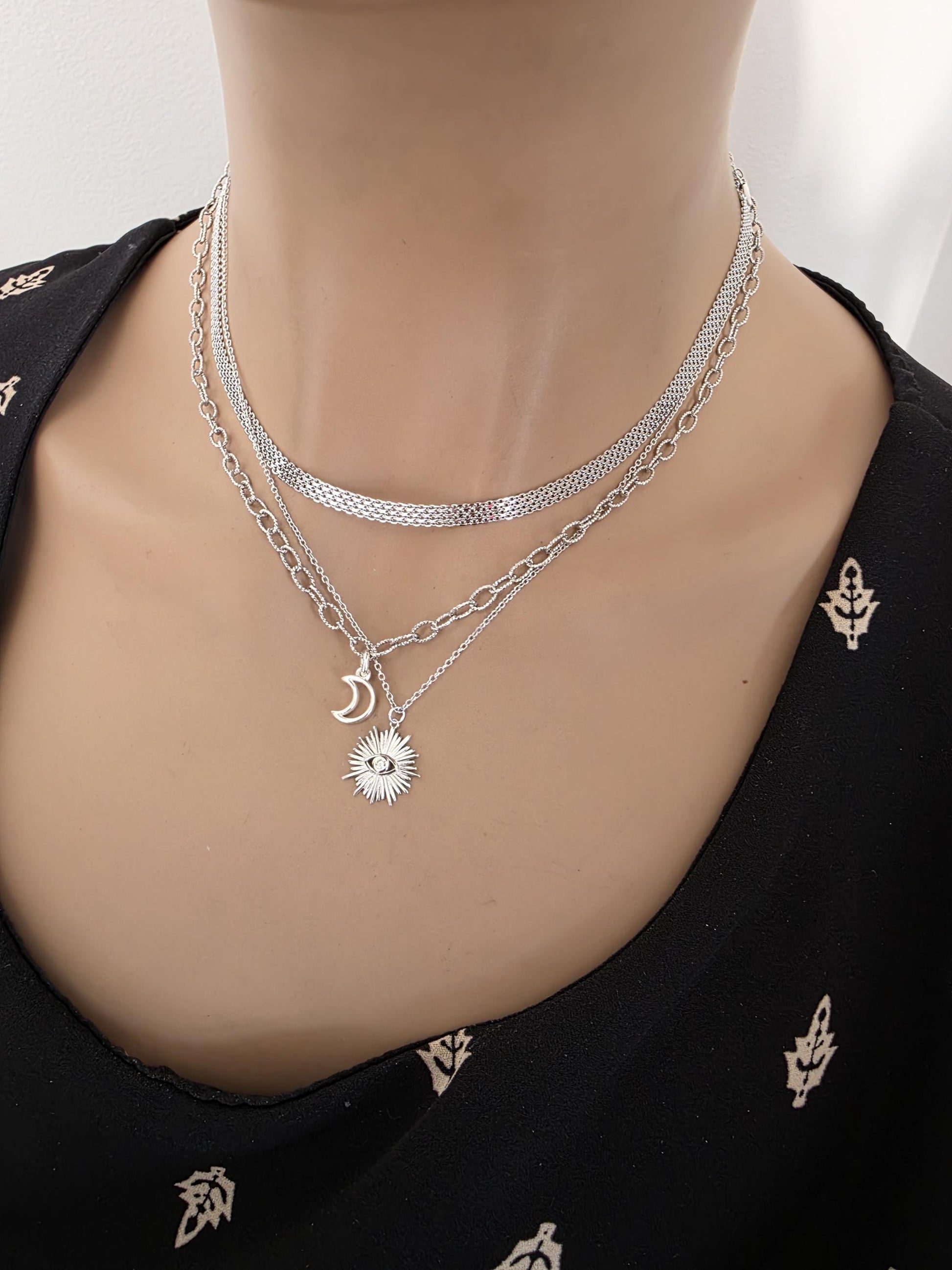 Sterling Silver Layered Witchy Celestial Necklace Set - Evil Eye and Moon Jewelry