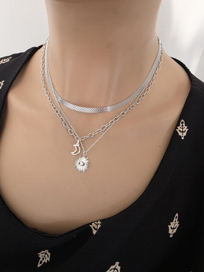 Sterling Silver Layered Witchy Celestial Necklace Set - Evil Eye and Moon Jewelry
