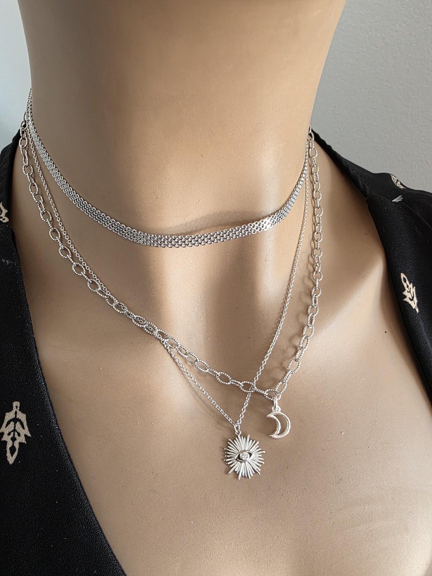 Sterling Silver Layered Witchy Celestial Necklace Set - Evil Eye and Moon Jewelry