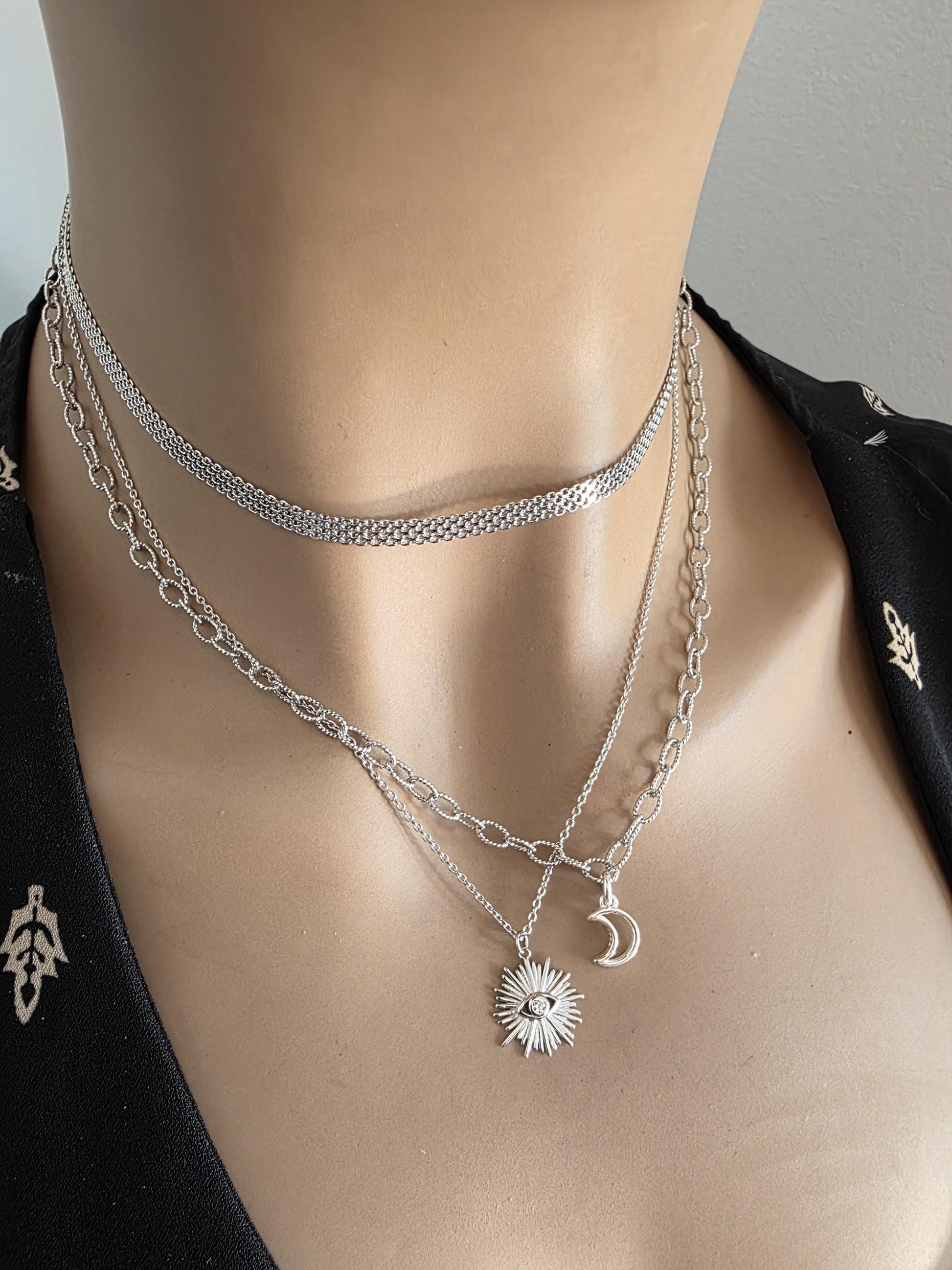 Sterling Silver Layered Witchy Celestial Necklace Set - Evil Eye and Moon Jewelry