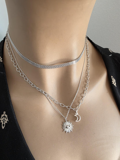 Sterling Silver Layered Witchy Celestial Necklace Set - Evil Eye and Moon Jewelry