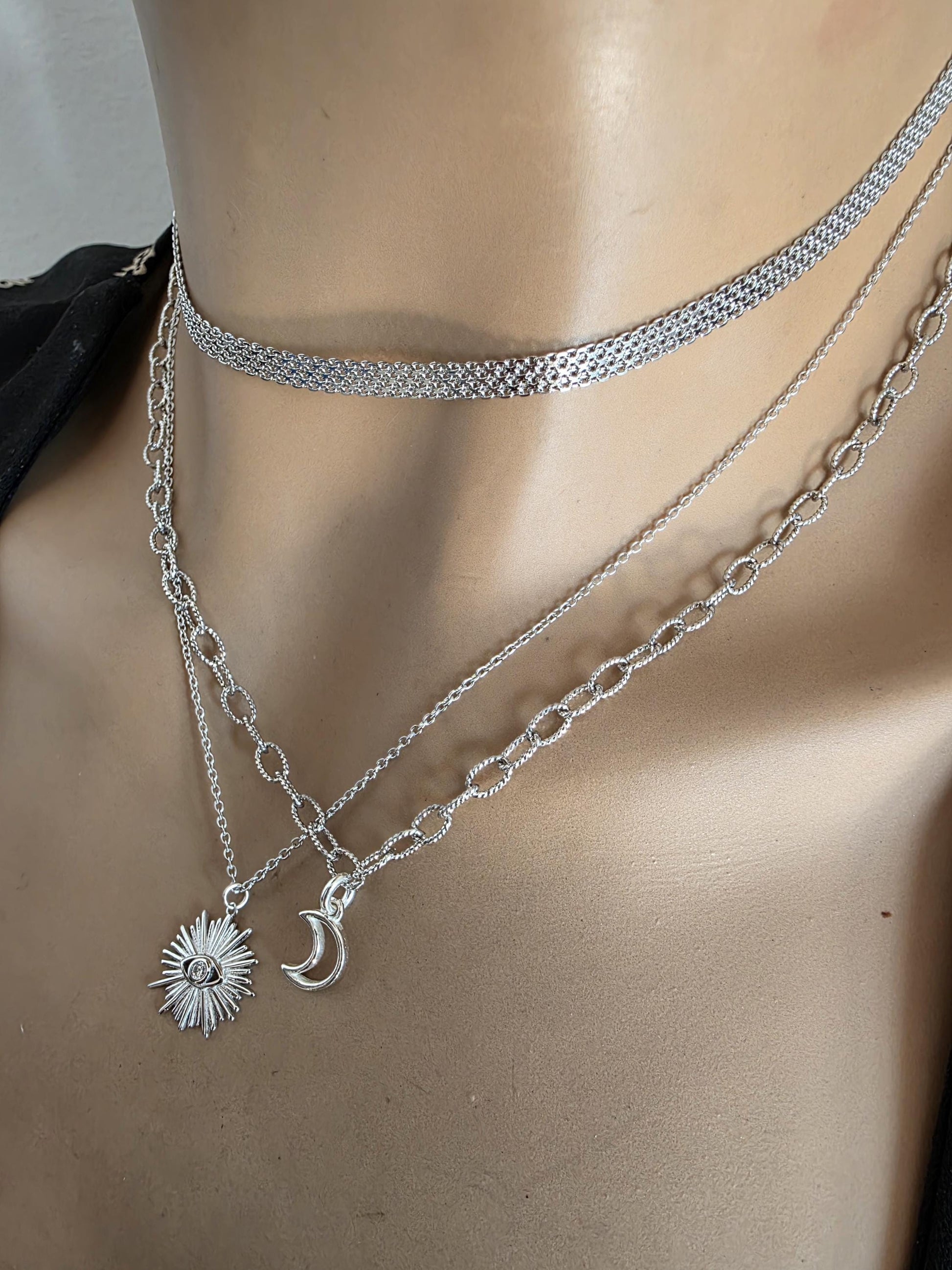 Sterling Silver Layered Witchy Celestial Necklace Set - Evil Eye and Moon Jewelry
