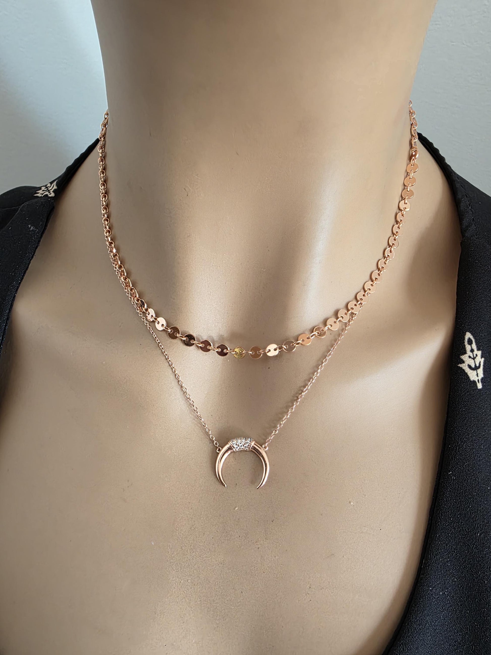 Rose Gold Vermeil Sterling Silver Crescent Horn Moon Layered Choker Necklace - Celestial Fine Jewelry