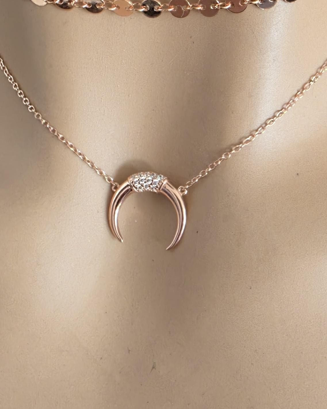 Rose Gold Vermeil Sterling Silver Crescent Horn Moon Layered Choker Necklace - Celestial Fine Jewelry