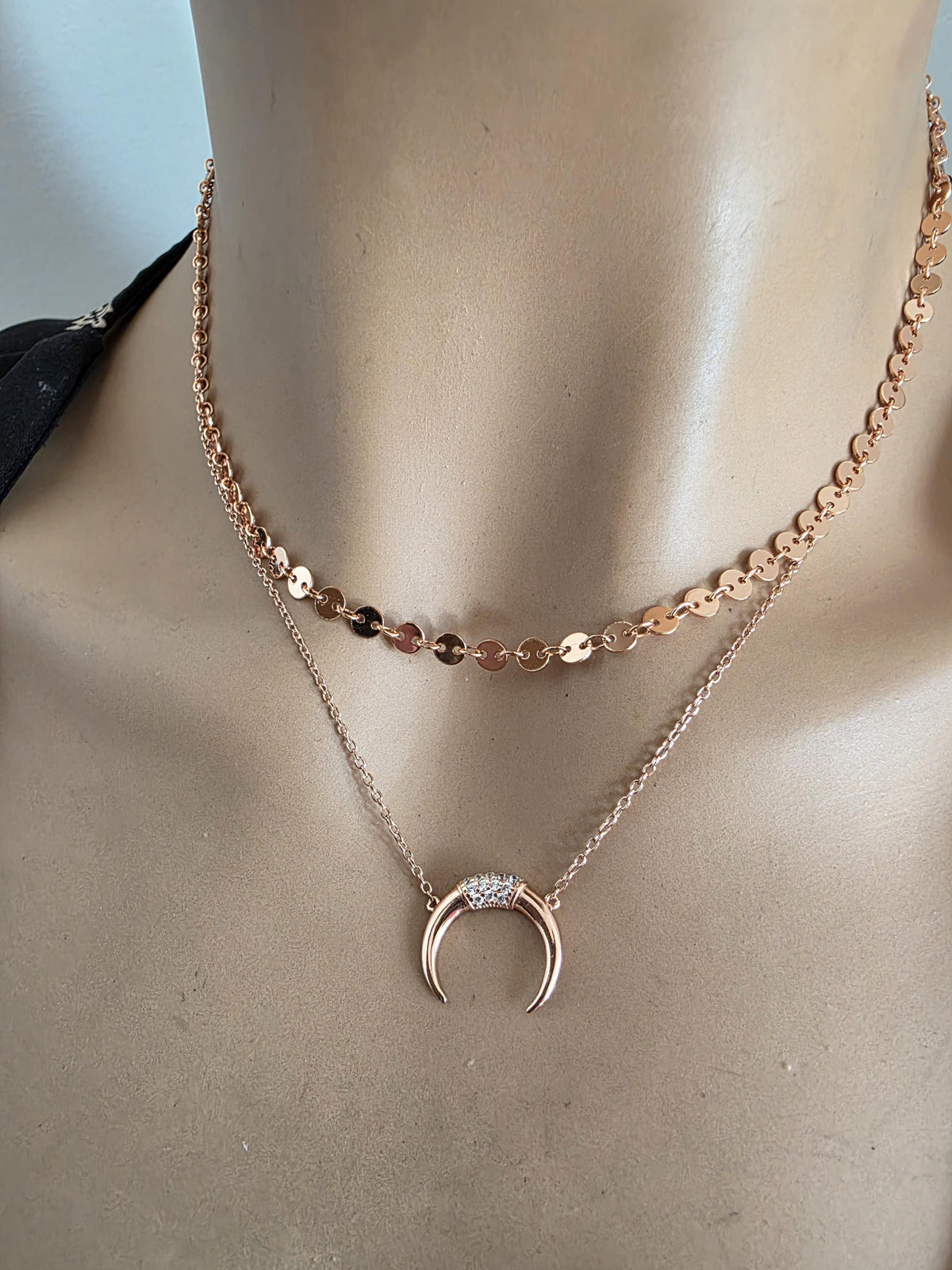 Rose Gold Vermeil Sterling Silver Crescent Horn Moon Layered Choker Necklace - Celestial Fine Jewelry